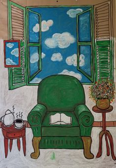 a drawing of a green chair and table in front of a window with clouds painted on it