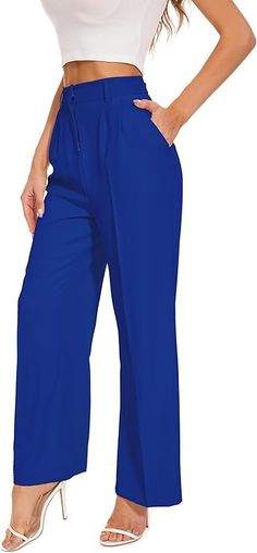 FUNYYZO Women's Wide Leg Pants High Elastic Waisted in The Back Business Work Trousers Long Straight Suit Pants at Amazon Women’s Clothing store