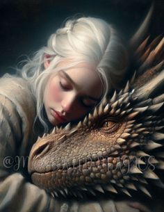 a painting of a woman with white hair hugging a large dragon's head in her arms