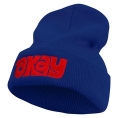 Artistic Okay Logo Embroidered 12 Inch Long Knitted BeanieMade of 100% acrylic.One size fits most with flexibility, fitting up to XL.12 inches deep and 8 inches wide.Cuff measures 3 inches long.Adult/Unisex.Great for keeping you warm on a cold day.8(W) X 12(L) X 1(H) inches.Soft, thick and warm material.Double Layers.Fall and Winter season.Hand wash only.Imported. Blue Fitted Casual Beanie, Knitted Blue Beanie For Fall, Trendy Blue Beanie One Size, Blue Acrylic Hat, One Size Fits All, Blue Acrylic Hat, One Size, Trendy Blue One Size Beanie, Blue Acrylic Hat One Size, Blue Acrylic Hat, Blue Cotton Casual Beanie