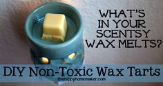 a blue candle holder with wax on it that says, what's in your scenty wax melts?