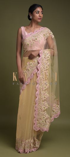 Buy Online from the link below. We ship worldwide (Free Shipping over US$100)  Click Anywhere to Tag Sand Beige Saree In Net With Resham And Zardozi Embroidered Scallop Cut Border Online - Kalki Fashion Sand beige saree in net with scallop cut border.Accentuated with resham, zardozi, sequins and cut dana embellished floral border and buttis. Beige Saree, Borders Online, Indian Bridal Dress