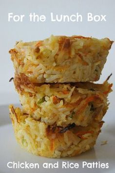 three chicken and rice patties stacked on top of each other with the title for the lunch box