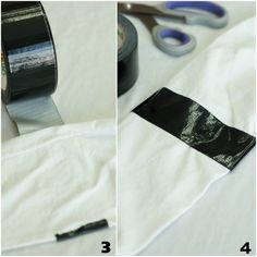 three pictures showing how to make a black and white ribbon