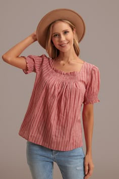 Rust Stripe Square Neck Short Sleeve Smocked Blouse Flowy Shirts, Smocked Blouse, White Crossbody Bag, Smock Blouse, Shirts And Blouses, High Neck Blouse, Half Sleeve Shirts, Chic And Elegant, Women's Blouses