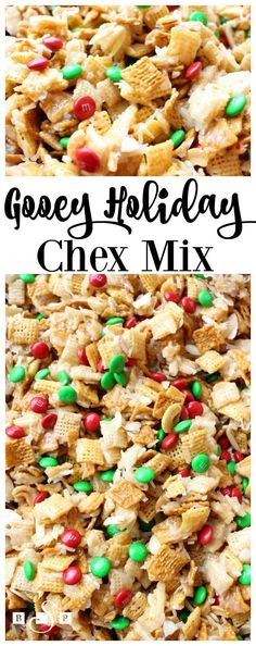 a close up view of some cereal and candy on top of each other with the words gooey holiday chex mix