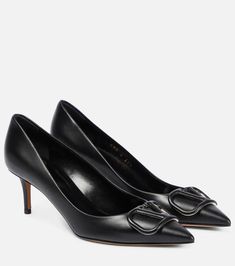 Valentino Garavani - VLogo leather pumps | Mytheresa Valentino Pumps, V Logo, Valentino Garavani Shoes, Heart Shoes, Mid Heels Pumps, Blue Pumps, Pink Pumps, Satin Pumps, Kitten Heel Pumps