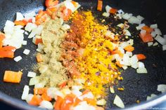 the food is being prepared and ready to be cooked in the skillet on the stove