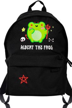 Step into a world of dark charm with the "Underworld Albert Embroidered Backpack." Crafted with the spirit of the edgy and the enchanting, this backpack features Albert the Frog as the ruler of the underworld, complete with a wickedly cute trident and glowing eyes. The vibrant green embroidery pops against the sleek black fabric, surrounded by whimsical accents like a tiny skull and shimmering stars. Designed for both style and functionality, this backpack comes with ample space to store all you Black Emo Style School Bag, Harajuku Style Bags For Streetwear And Back To School, Harajuku Style Bags For Back To School Streetwear, Grunge Backpack For Streetwear, Grunge Streetwear Backpack, Aesthetic School Bag, Kawaii Goth Aesthetic, Backpack Craft, Embroidered Backpack