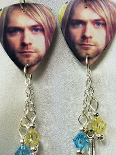 Kurt Cobain Guitar Pick Earrings With Swarovski Crystal and Charm Dangles #Handmade #BeadedChandelierDangleDrop Kurt Cobain Guitar, Piercing Blue Eyes, Guitar Pick Jewelry, Guitar Pick Earrings, Nirvana Kurt Cobain, Nirvana Kurt, Beaded Chandelier, Band Jewelry, Lead Singer