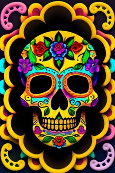 a colorful sugar skull with flowers on it