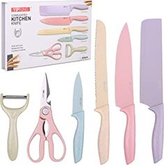 the kitchen knifes are all in different colors and sizes, including pink, blue, yellow, and white