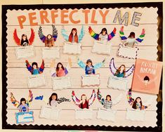 a bulletin board with many different pictures on it and words written in orange, pink, blue, green, and white