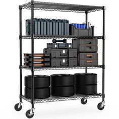 an industrial shelving unit with three shelves and four black plastic bins on wheels