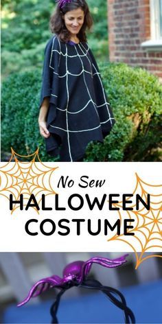 a woman wearing a spider web costume with text overlay that says no sew halloween costume