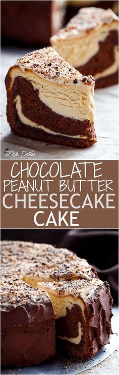 chocolate peanut butter cheesecake cake is cut in half