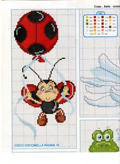 a cross stitch pattern with a ladybug and frog