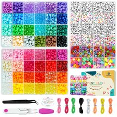 the kit includes beads, scissors and other crafting supplies