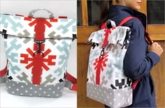 the back and side view of a woman carrying a backpack with an arrow pattern on it