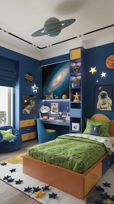 a child's bedroom with blue walls and space themed furniture, including a bed