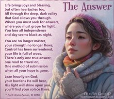 a woman in winter clothing with her hand on her shoulder and the words, the answer