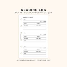 the printable reading log for pocket size planner inserts is shown on a white background