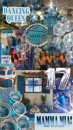 there is a collage of pictures with balloons and other things in the background that are blue