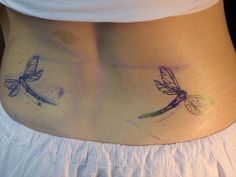 a woman's stomach with two dragonflies on her side and the bottom part of her abdomen