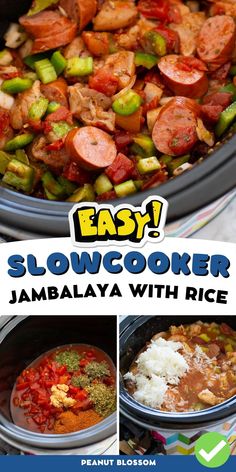 slow cooker jambalya with rice and vegetables in the crock pot is shown