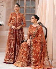 Dark Orange Wedding, Luxurious Outfits, Net Sleeves, Pakistani Designer Clothes, Orange Dresses, Pakistani Party Wear, Custom Dress, Chiffon Collection, Pakistan Fashion