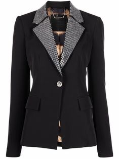 black crystal embellishment notched collar long sleeves front button fastening front flap pockets Single Clothes, Embellished Blazer, Black Wool Blazer, Airport Fashion, Blazer Black, Philipp Plein, Crystal Embellishment, Notched Collar, Product Photos