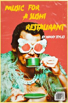 an advertisement for a restaurant featuring a man drinking from a cup with sunglasses on his face