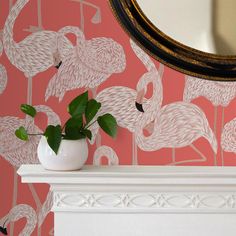 a flamingo wallpapered in pink and white with a potted plant next to it