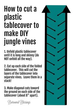 the instructions for how to cut a plastic tablecover to make diy jungle vines