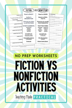 No Prep Fiction Vs. Nonfiction Activities and Worksheets Fiction Vs Nonfiction Anchor Chart, Nonfiction Anchor Chart, Fiction Vs Nonfiction, Nonfiction Activities, Prep Worksheets, Fiction Text