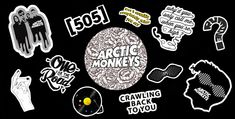 various stickers on a black background with the words arctic monkeys written in white ink