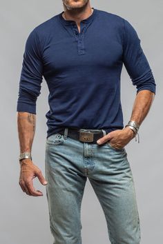 Coronado Cotton LS Henley in Indigo - AXEL'S Classic Long Sleeve Light Indigo Shirt, Luxury Casual Indigo Shirt, Indigo Shirts Mens, Indigo Button-up Cotton Shirt, Unstructured Indigo Button-up Shirt, Mac Jeans, Knit Outerwear, Selvedge Denim, Mens Vests