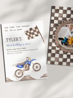 a birthday card with a photo of a boy on a motorcycle and checkered background