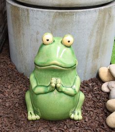 a green frog sitting on top of a pile of dirt