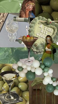 there is a collage with olives and other things in the photo, including balloons