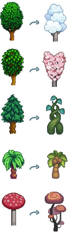 the different types of trees and mushrooms in pixel art style, each with their own color scheme