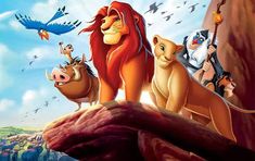 the lion king and other disney characters standing on top of a cliff