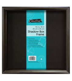 the shadow box frame is brown and has a blue ribbon around it's edge