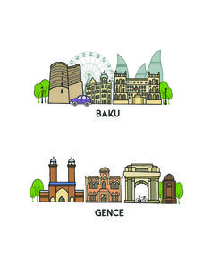 two different types of buildings with the words baku and gence written below them