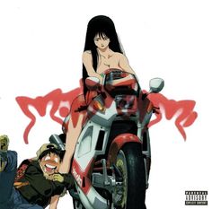 a woman sitting on top of a red motorcycle next to another person with an arm around her