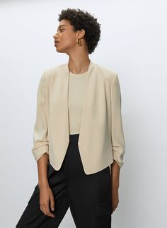 POWER SHORT BLAZER - Cropped, 3/4 rolled sleeve blazer Tailored Versatile Outerwear For Formal Occasions, Elegant Outerwear With Structured Shoulders For Office, Elegant Formal Open Front Outerwear, Versatile Formal Blazer For Spring, Versatile Formal Spring Blazer, Versatile Spring Formal Blazer, Elegant Open Front Blazer, Classic Fitted Open Front Outerwear, Fitted Open Front Elegant Blazer