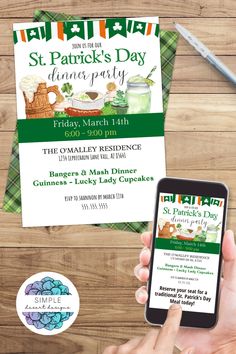 the st patrick's day dinner party flyer is displayed on a table next to a phone