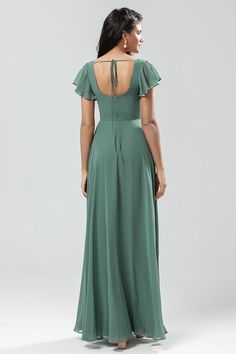 A-Line Green Long Bridesmaid Dress with Ruffles Fitted Green Chiffon Gown, Green Fitted Chiffon Gown, Green Chiffon Floor-length Bridesmaid Dress, Chiffon Bridesmaid Maxi Dress With Flutter Sleeves, Chiffon Maxi Dress For Bridesmaids With Flutter Sleeves, Flowy Wedding Maxi Dress With Tie Back, Fitted Green Chiffon Dress For Wedding, Flowy Tie-back Maxi Dress For Wedding, Chiffon Tie-back Maxi Dress For Wedding