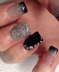 Black And Silver Nails Ideas, Black Silver Nails, Grad Nails, Year Nails, New Years Nail Designs, Nail Tip Designs, Silver Glitter Nails, January Nails