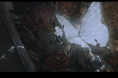 a painting of a white butterfly surrounded by red roses